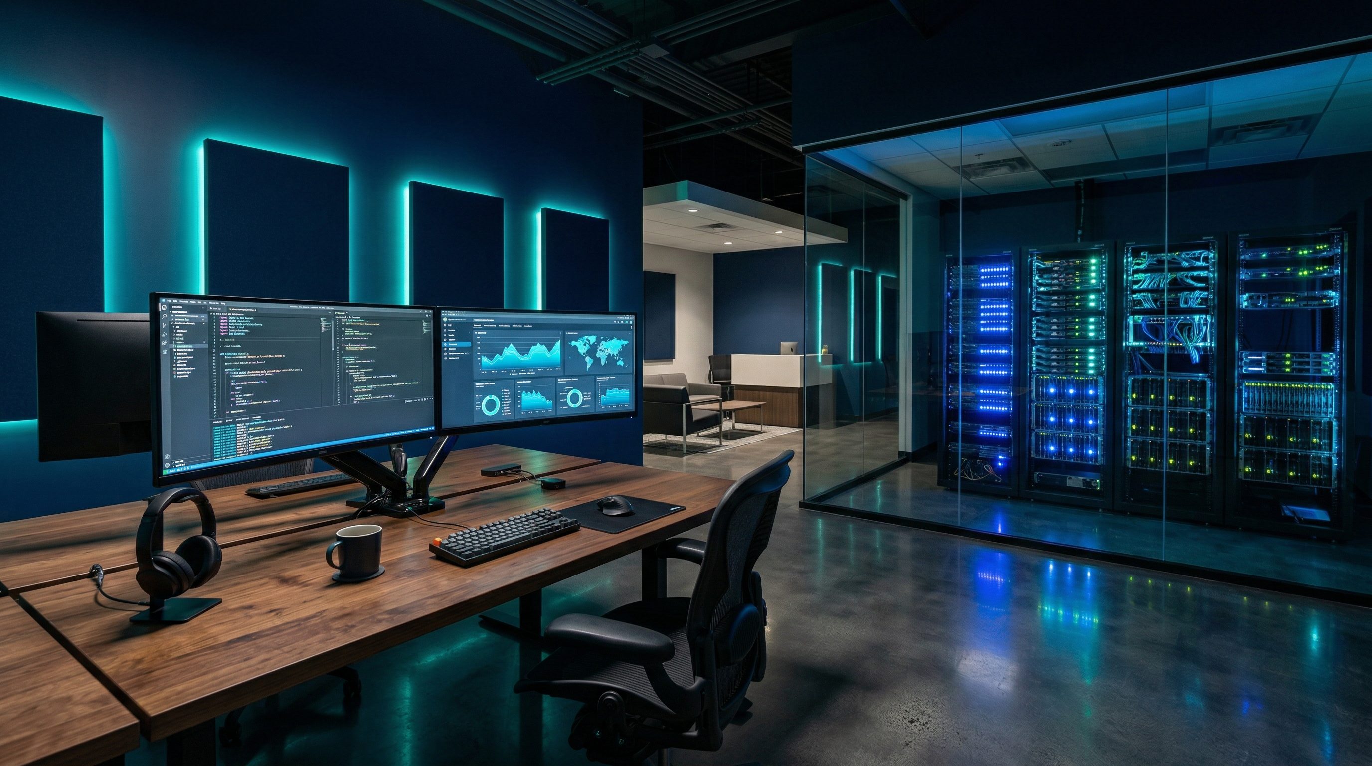 Fortacin technology workspace with monitors and server infrastructure